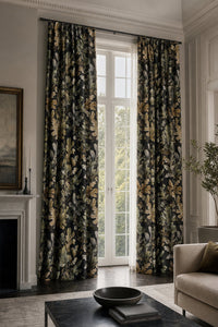 Charcoal oak leaf curtains in a living room