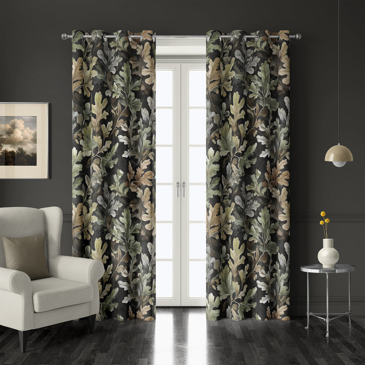 Pair of charcoal oak leaf grommet curtains at French doors