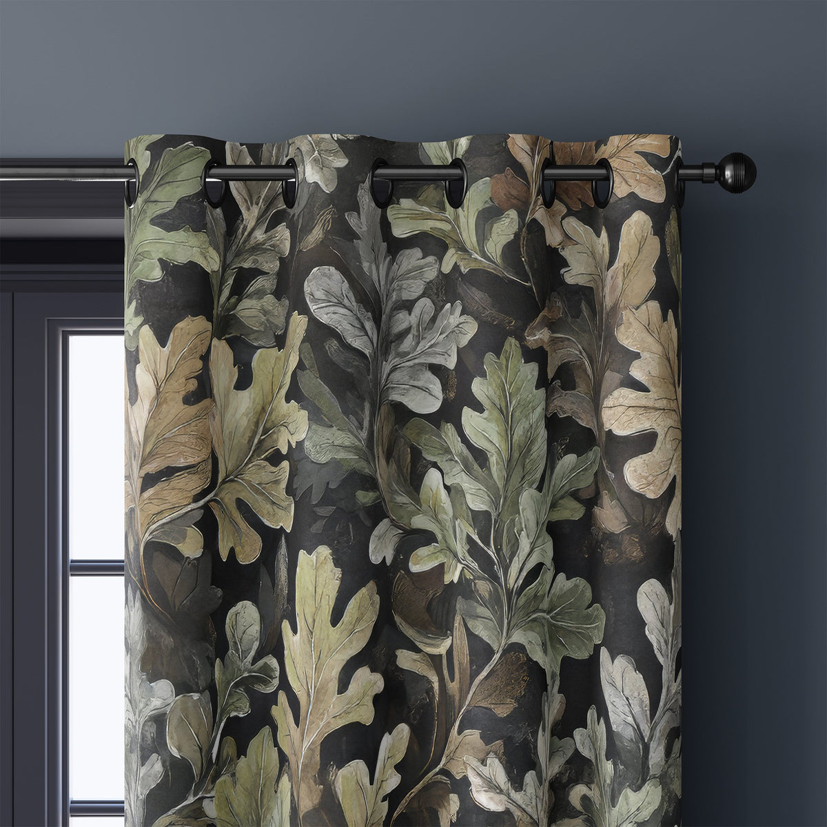 Close-up of charcoal oak leaf curtain grommets on a black rod