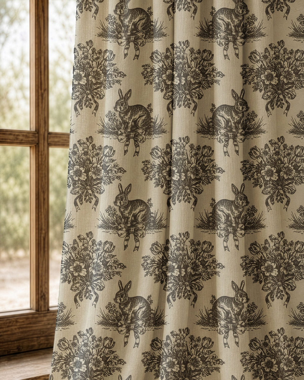 Pair of charcoal rabbit toile curtains at an arched window