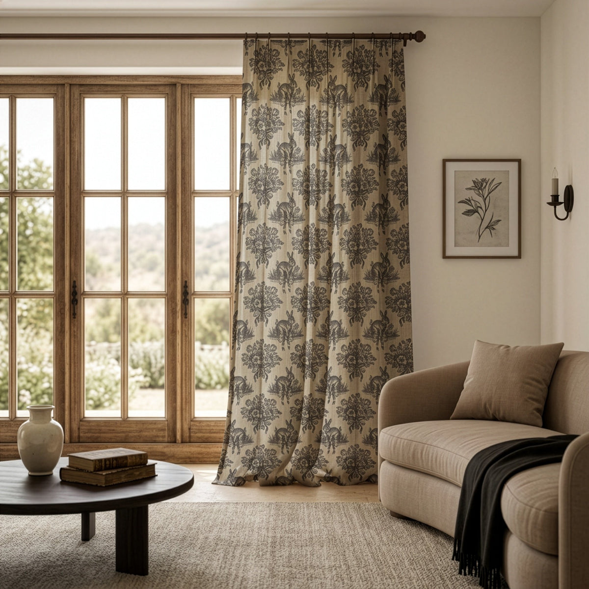 Charcoal rabbit toile curtain on a black rod by a window