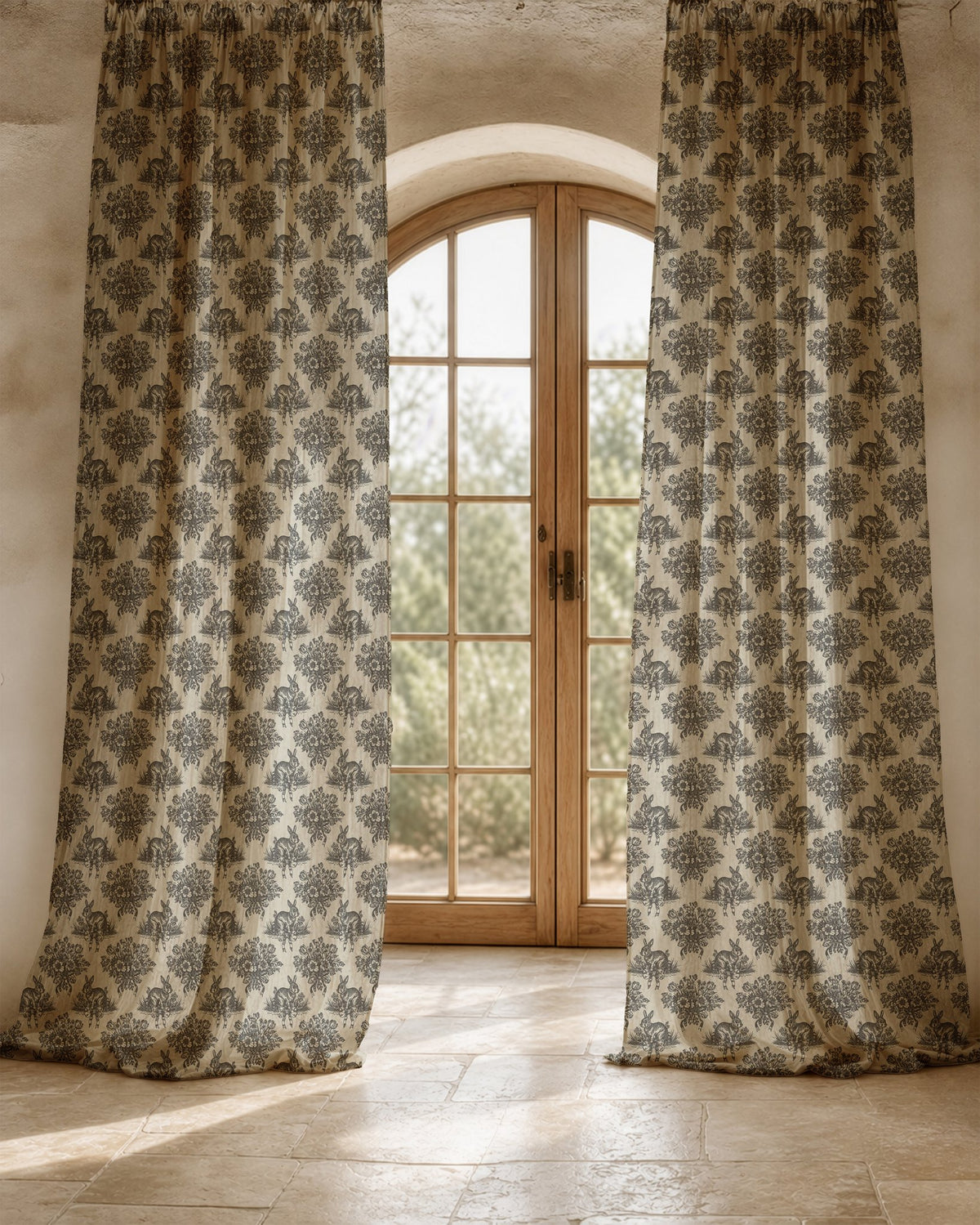Two long charcoal rabbit toile curtain panels
