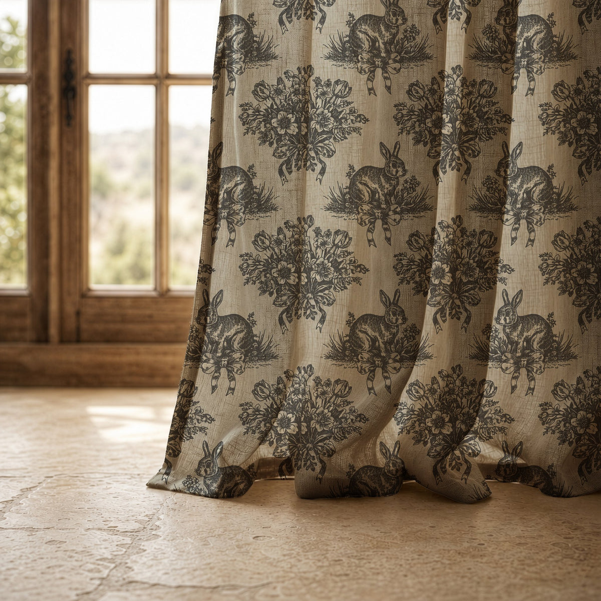 Hem of a charcoal rabbit toile curtain resting on a stone floor, view 6
