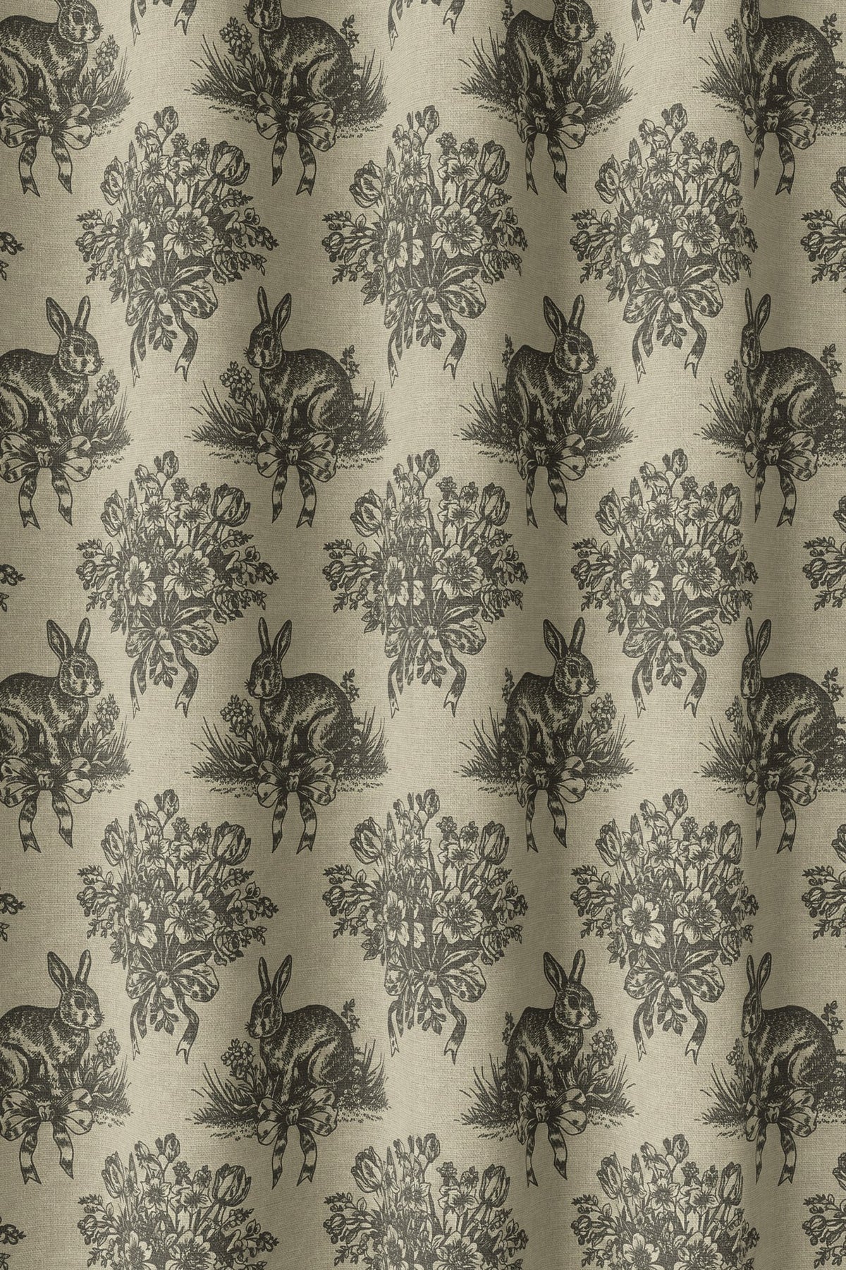 Flat view of the charcoal rabbit toile print