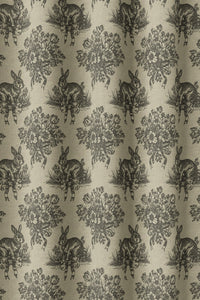 Flat view of the charcoal rabbit toile print