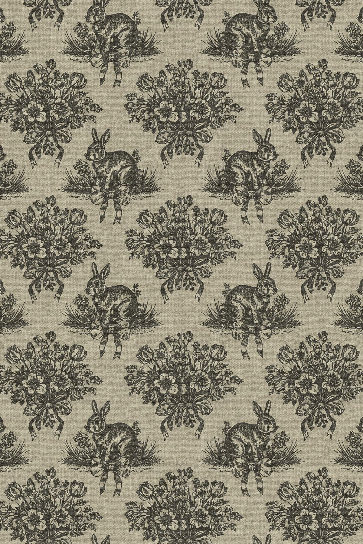 Close-up of the charcoal rabbit toile pattern repeat