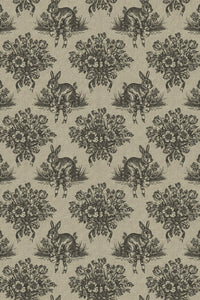 Close-up of the charcoal rabbit toile pattern repeat