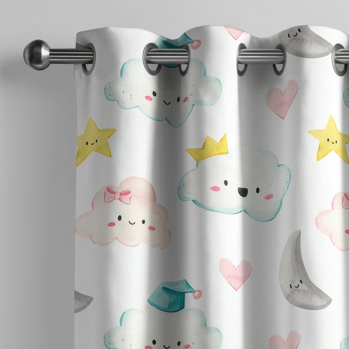 Cloud and moon nursery curtain on a grommet rod, close-up of the print