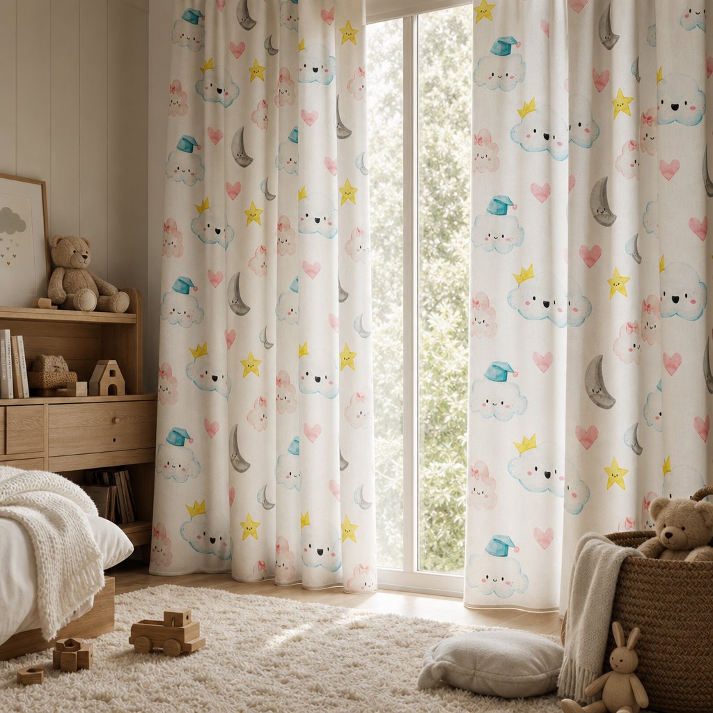Cloud and moon nursery curtains in a child's bedroom