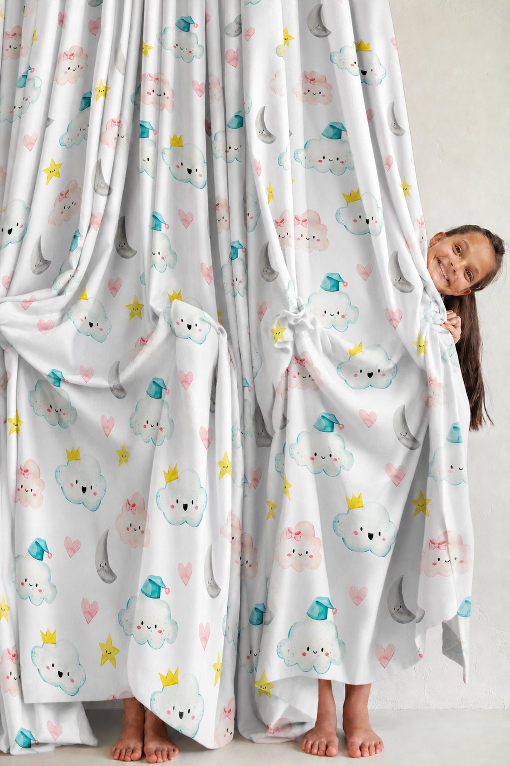 Pair of cloud and moon nursery curtains in a child's bedroom