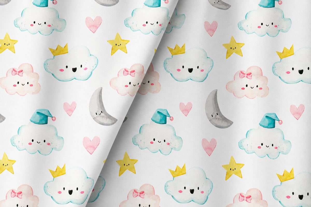 Cloud and moon nursery curtains styled with neutral decor