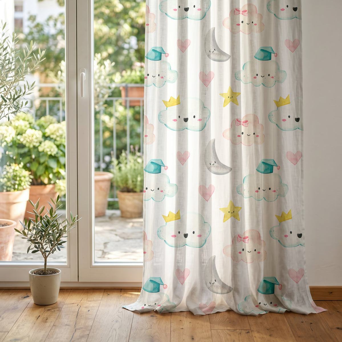 Cloud and moon nursery curtain at glass patio doors