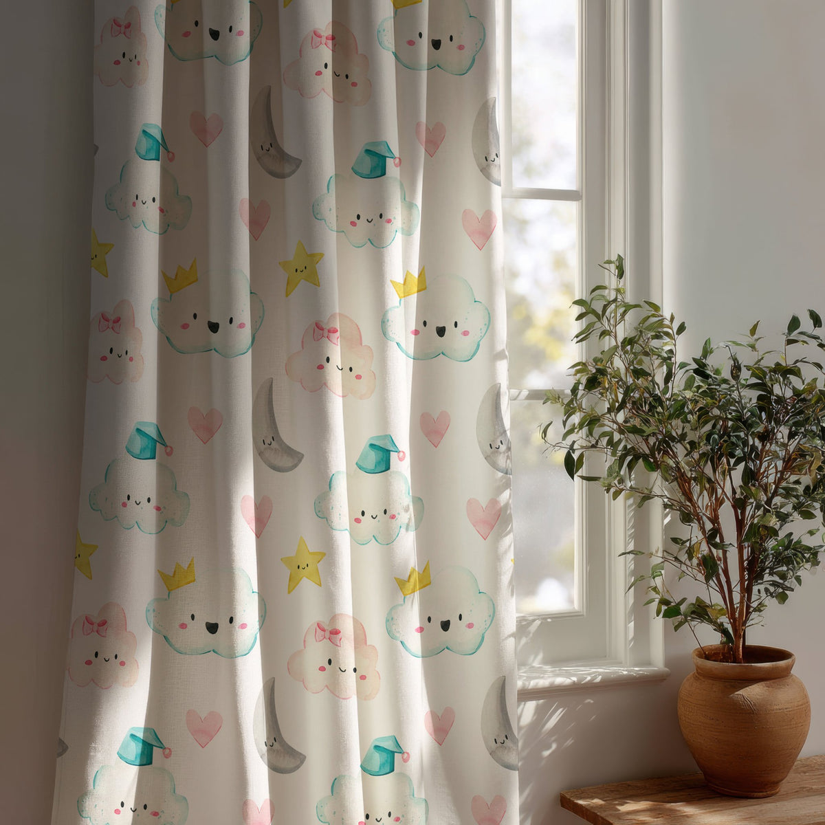 Cloud and moon nursery curtain beside a potted olive tree