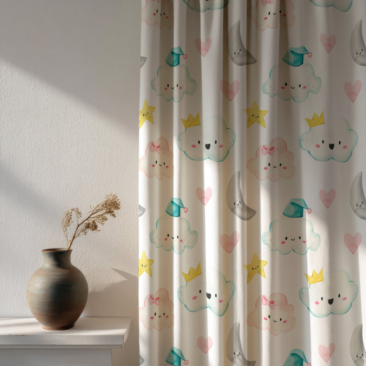 Soft daylight through a cloud and moon nursery curtain