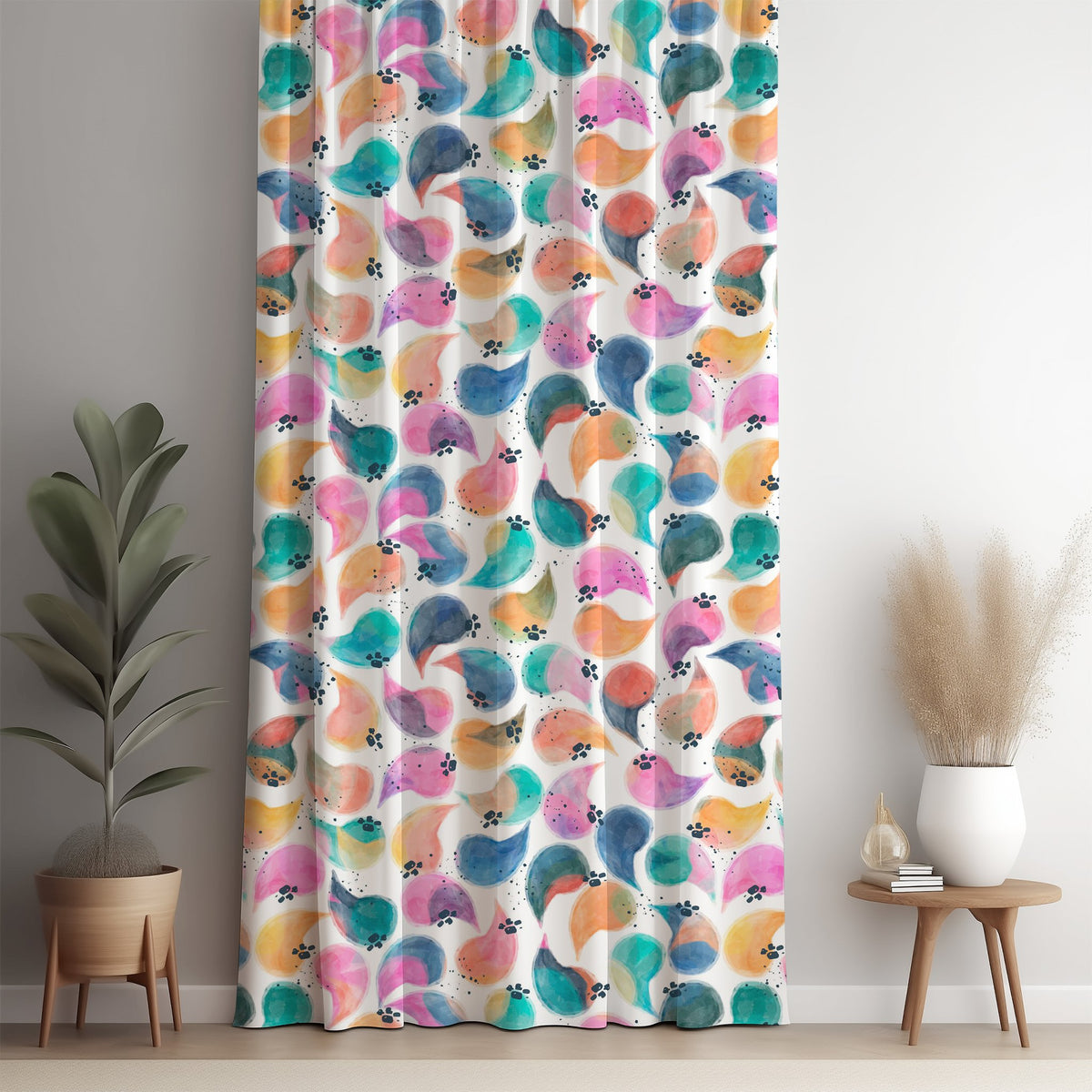 Colorful abstract bird curtain panel against a white wall