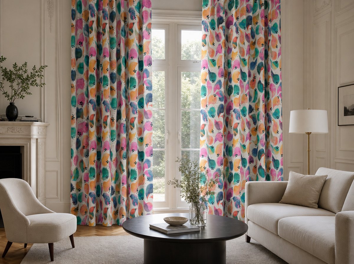 Colorful abstract bird curtains in a living room