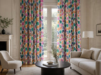 Colorful abstract bird curtains in a living room