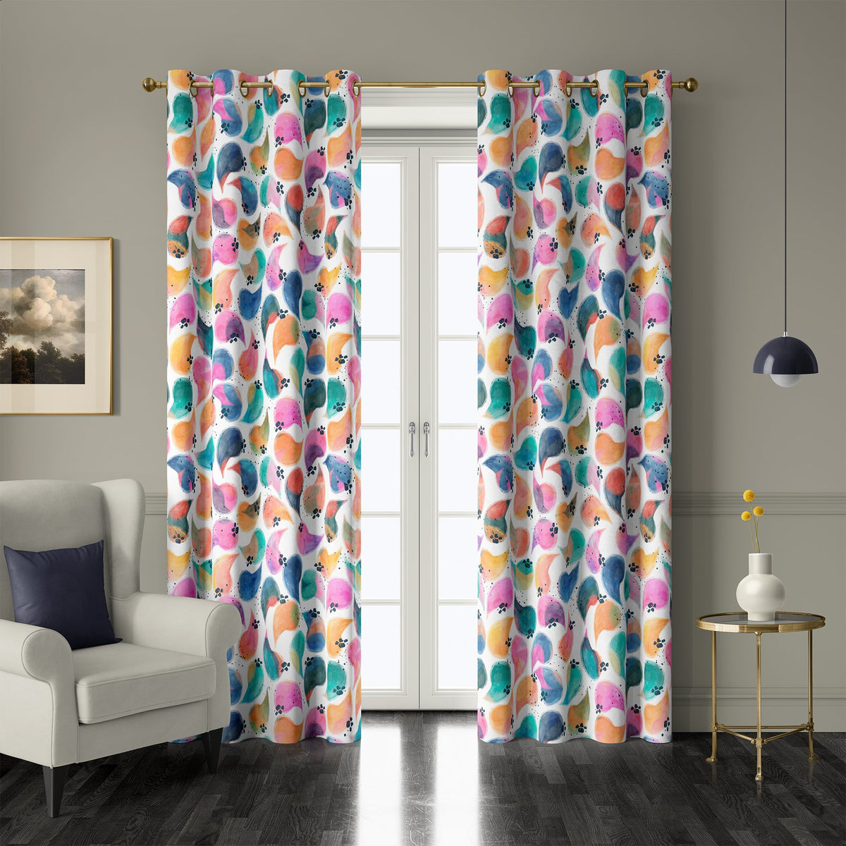 Pair of colorful abstract bird grommet curtains at French doors