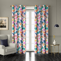 Pair of colorful abstract bird grommet curtains at French doors