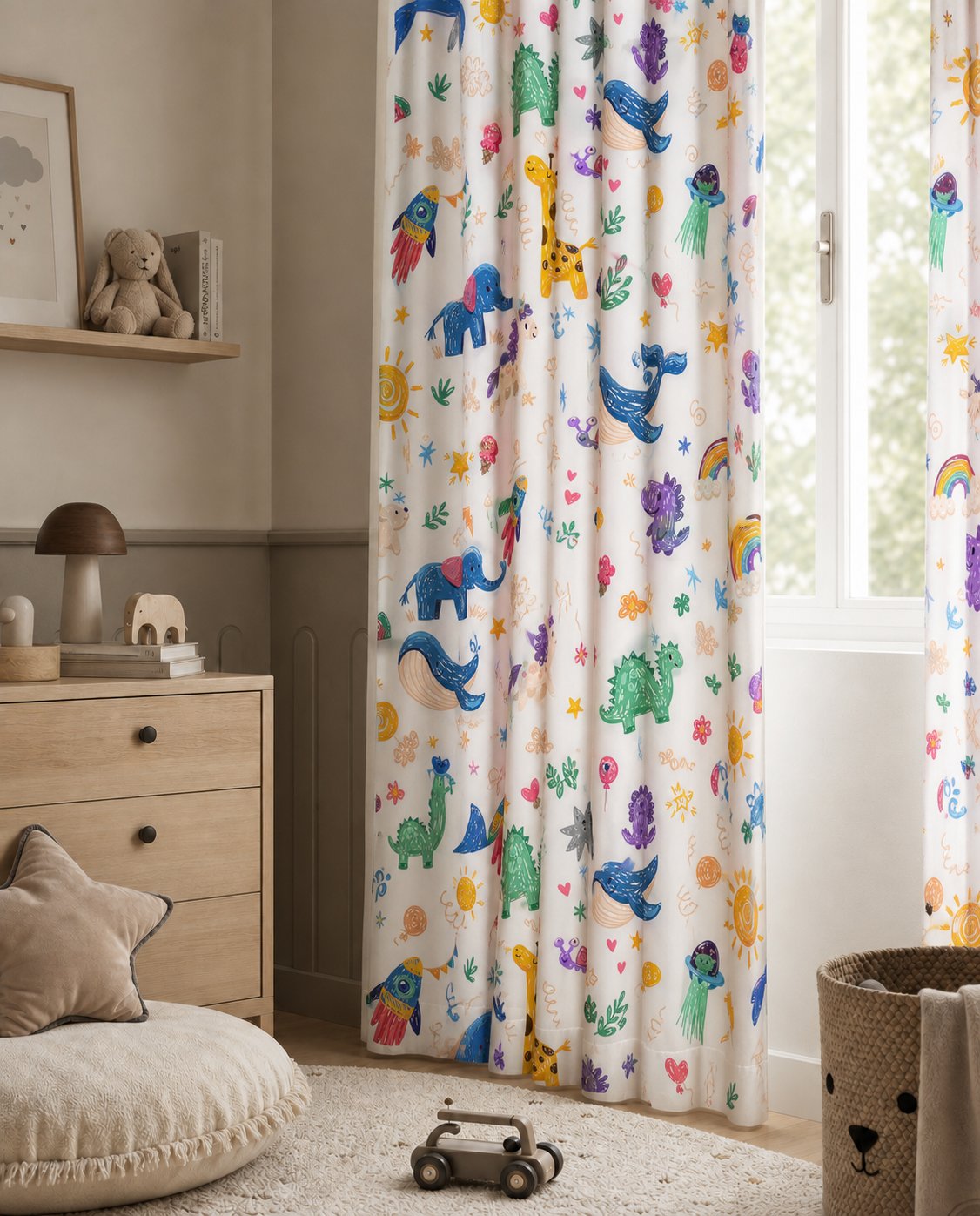 Colorful safari animal kids curtains styled with neutral decor