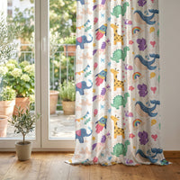 Colorful safari animal kids curtain at glass patio doors