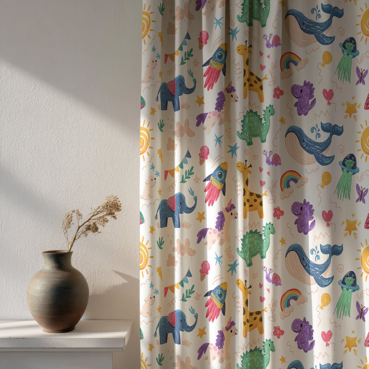 Soft daylight through a colorful safari animal kids curtain