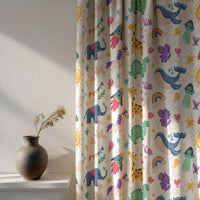 Soft daylight through a colorful safari animal kids curtain