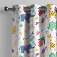 Colorful safari animal kids curtain on a grommet rod, close-up of the print