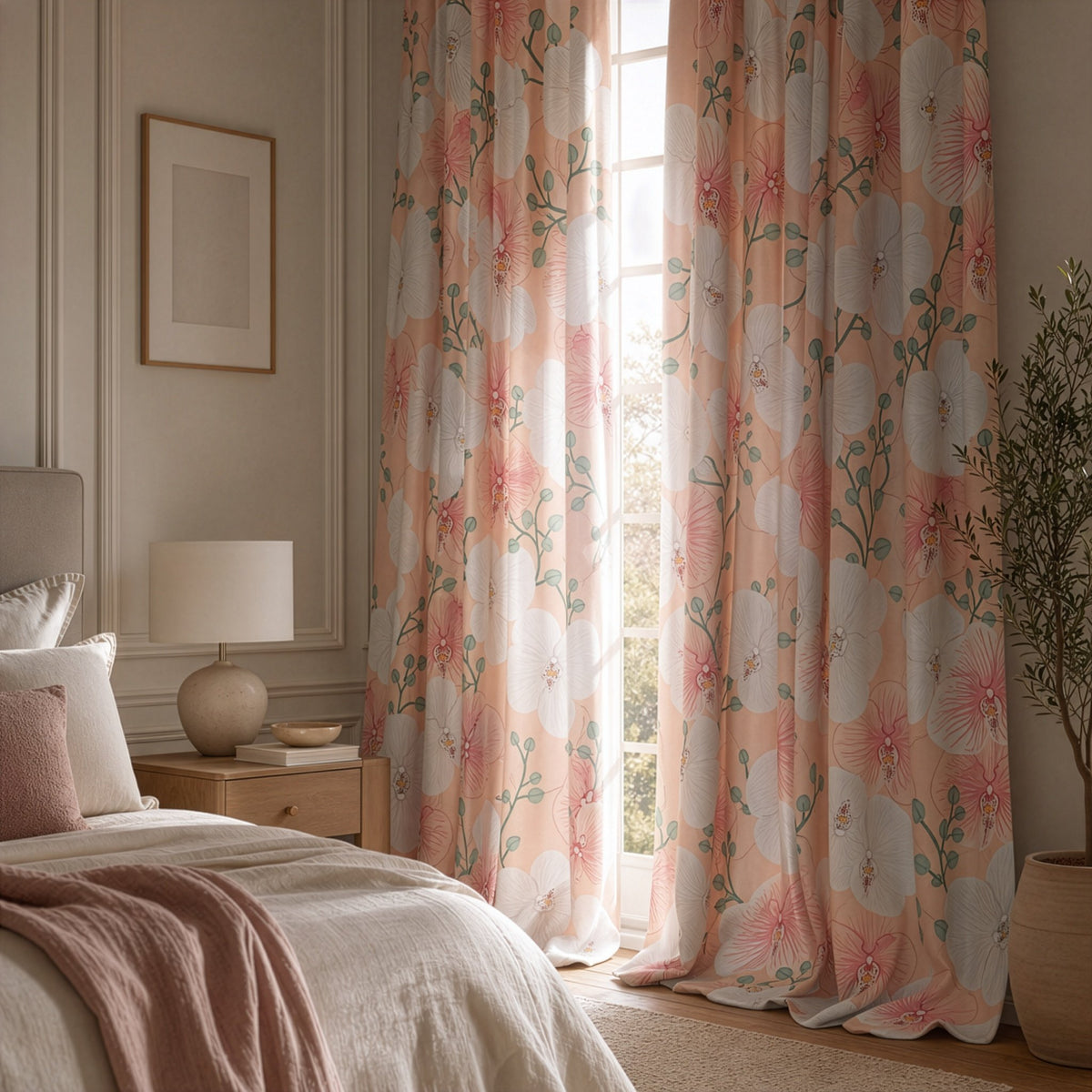 Coral hibiscus floral curtains in a bedroom