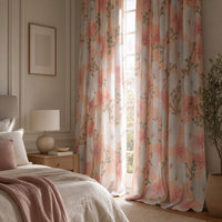 Coral hibiscus floral curtains in a bedroom