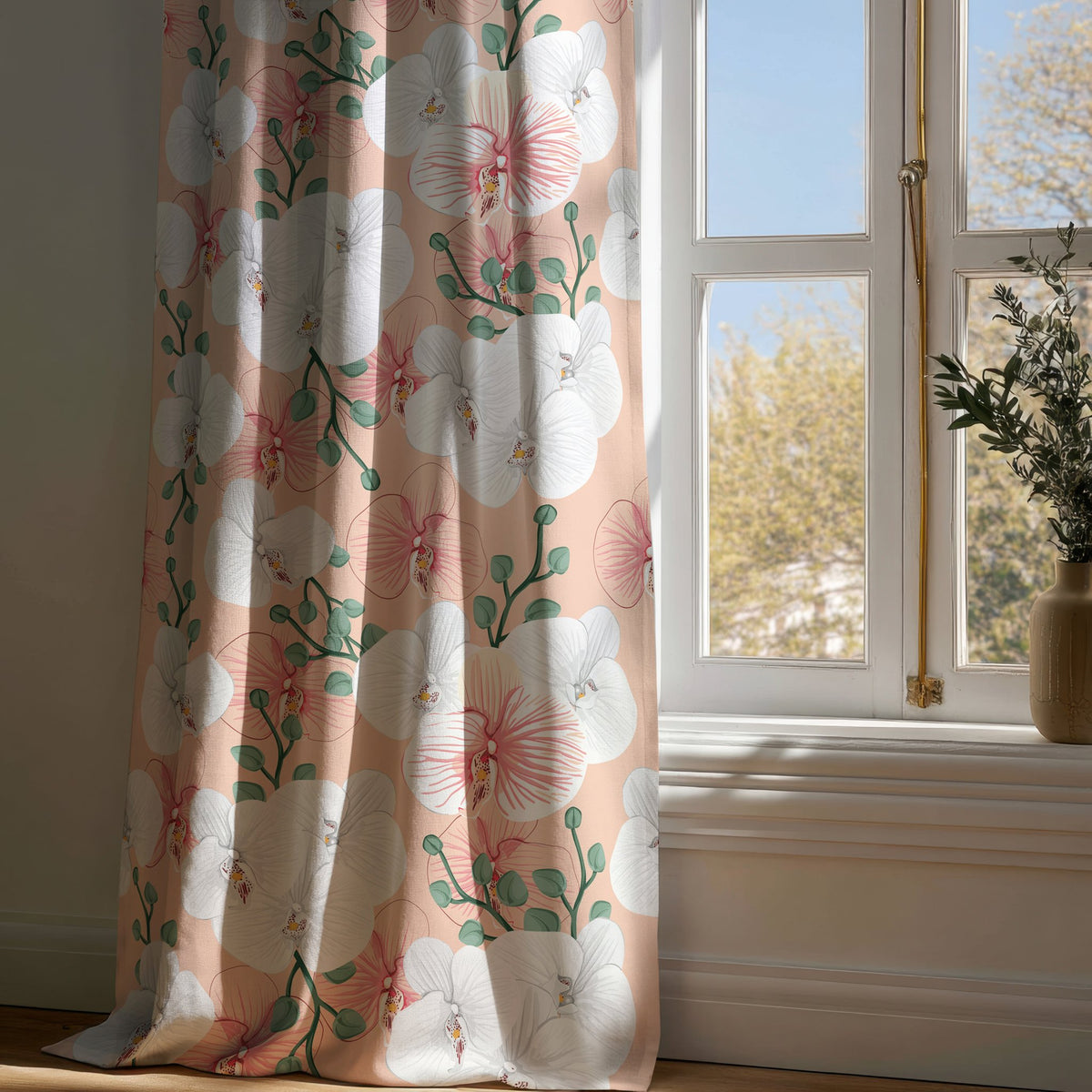 Full-length coral hibiscus floral curtain draping to a wooden floor