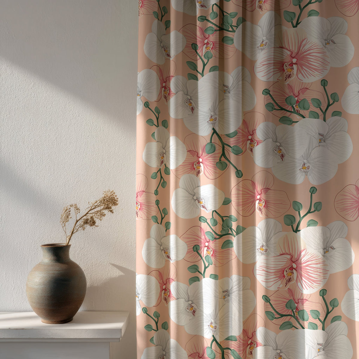 Soft daylight through a coral hibiscus floral curtain