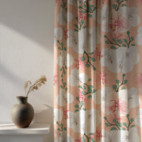Soft daylight through a coral hibiscus floral curtain