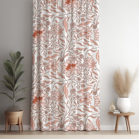 Coral line art blossom curtain panel against a white wall