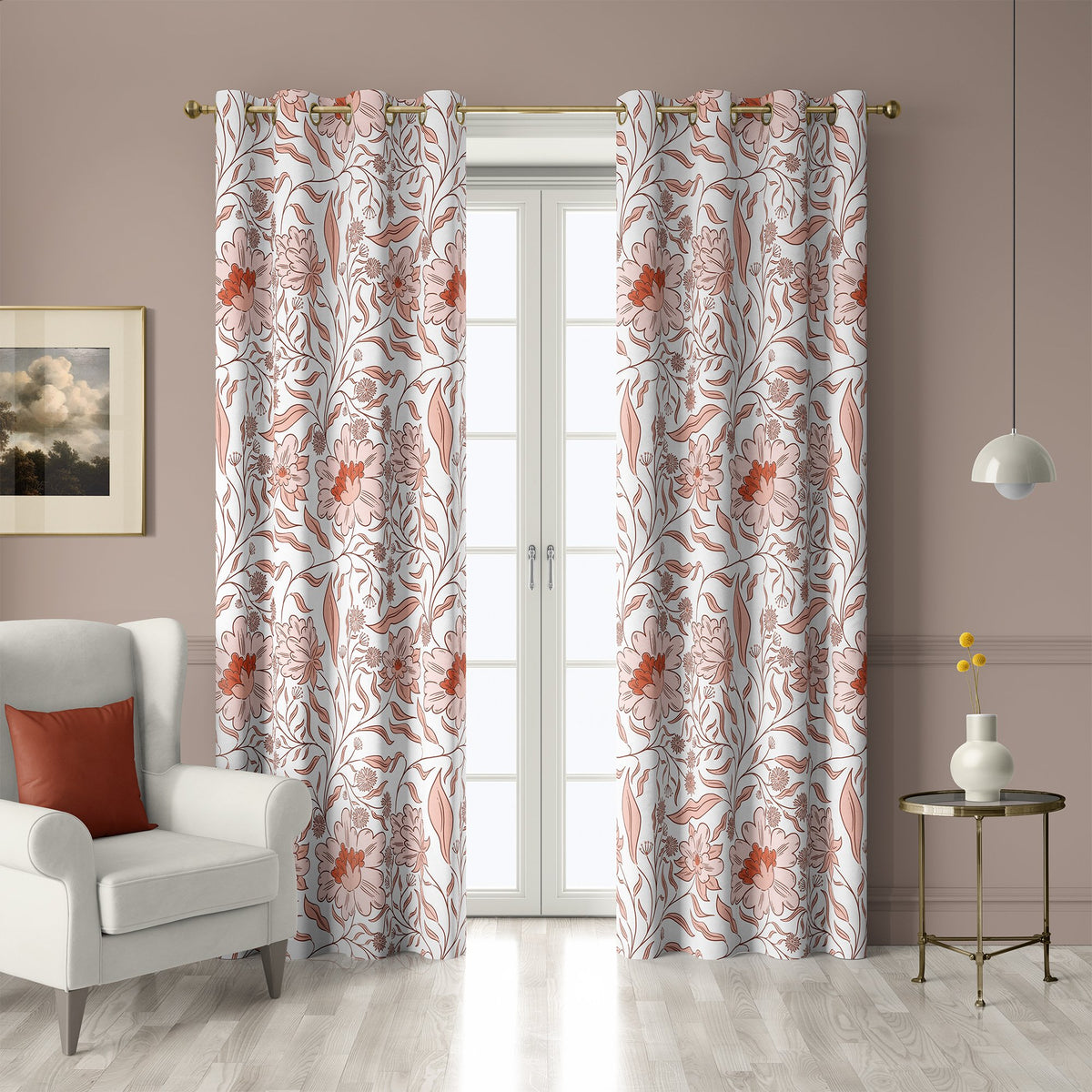 Pair of coral line art blossom grommet curtains at French doors