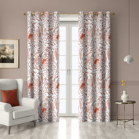 Pair of coral line art blossom grommet curtains at French doors