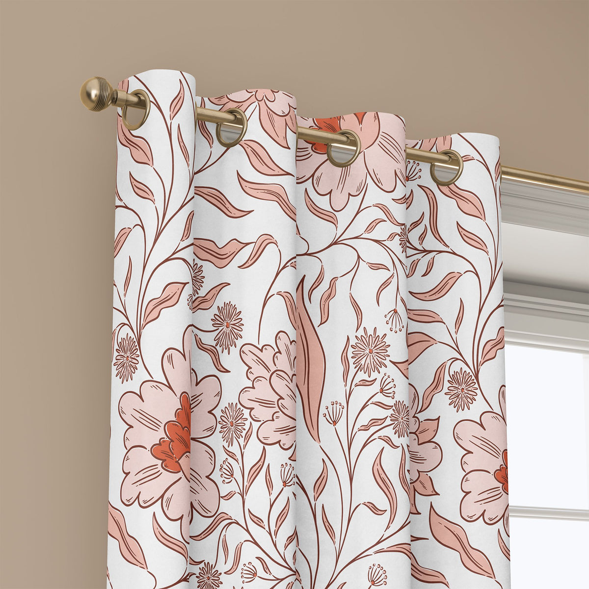 Grommet top of a coral line art blossom curtain on a brass rod
