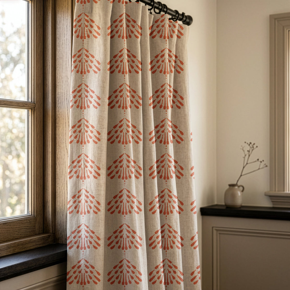 Coral palmette block print curtains in a warm living room