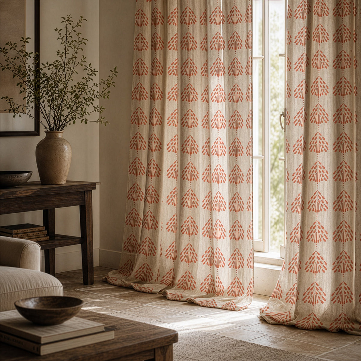 Coral palmette block print curtains in a living room