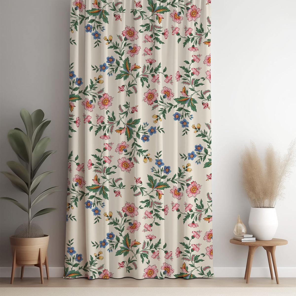Cottage ditsy floral curtain panel against a white wall