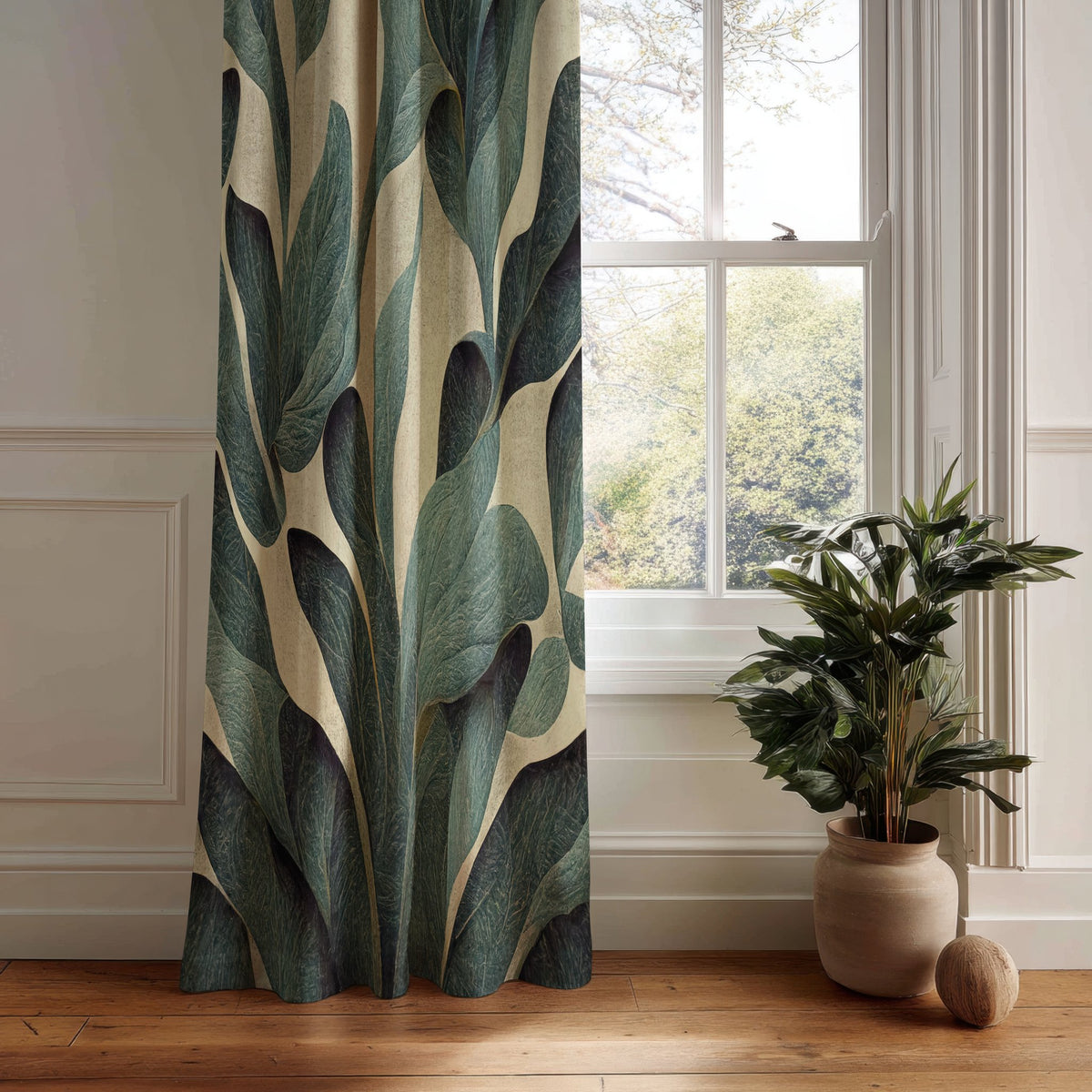 Dark green tropical leaf curtain panel hanging by a white window