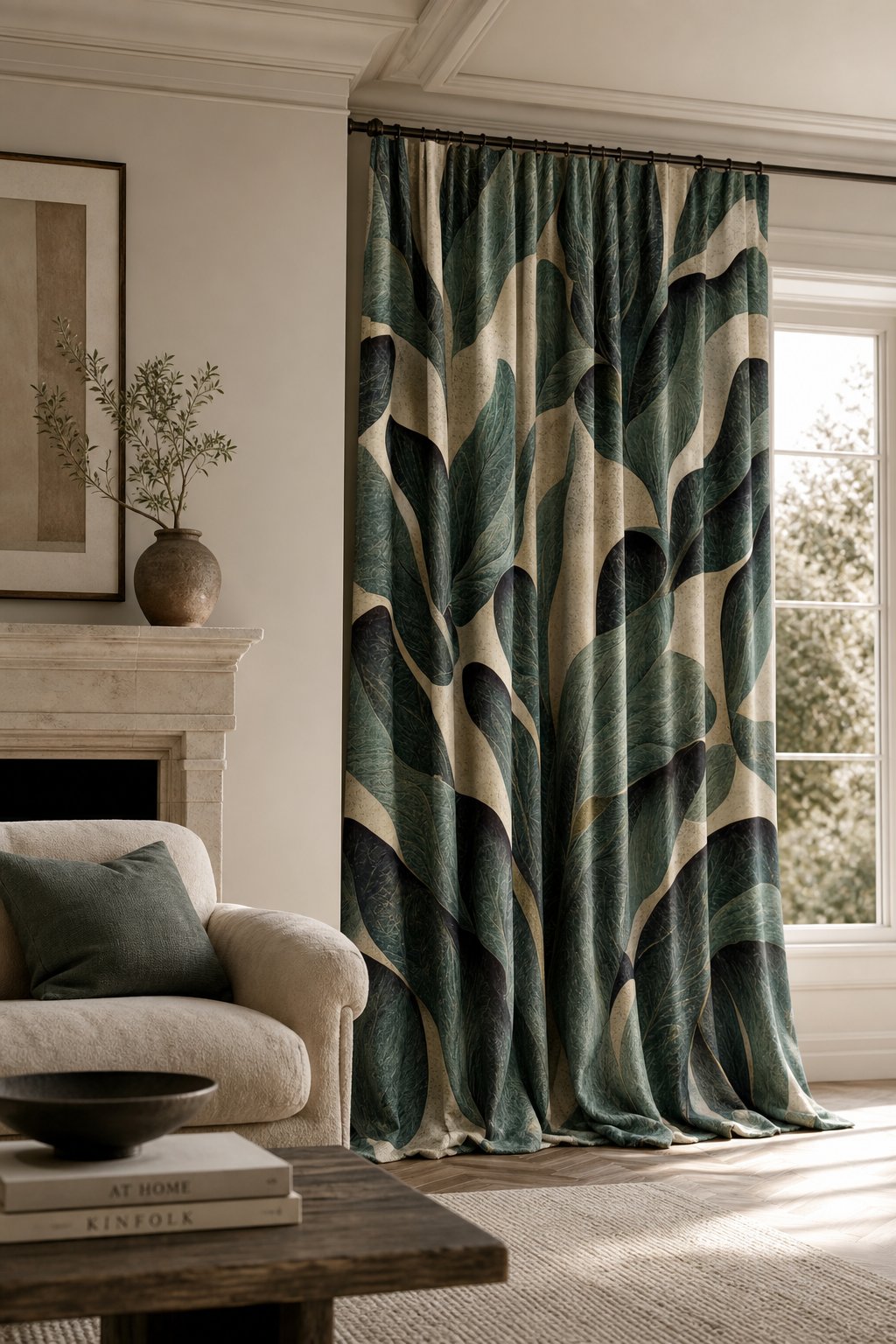 Dark green tropical leaf curtains in a living room