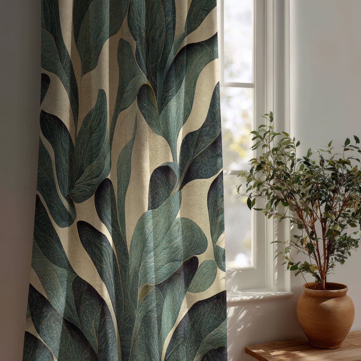 Dark green tropical leaf curtain beside a potted olive tree