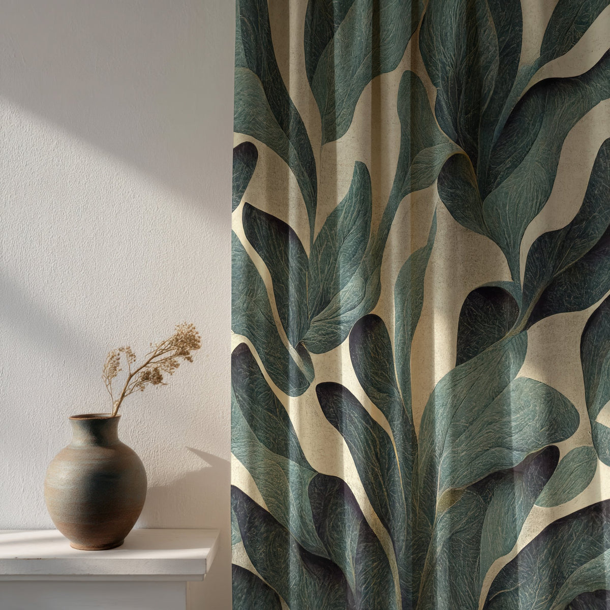 Soft daylight through a dark green tropical leaf curtain
