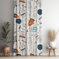 Doodle rocket and ufo kids curtain panel against a white wall