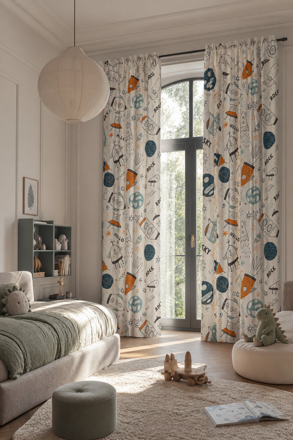 Doodle rocket and ufo kids curtains in a child's bedroom