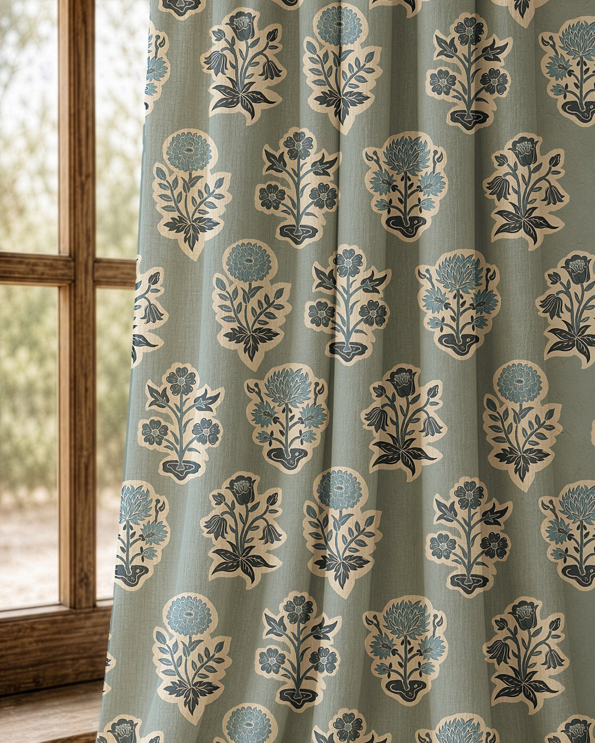 Pair of duck egg blue block print curtains at an arched window