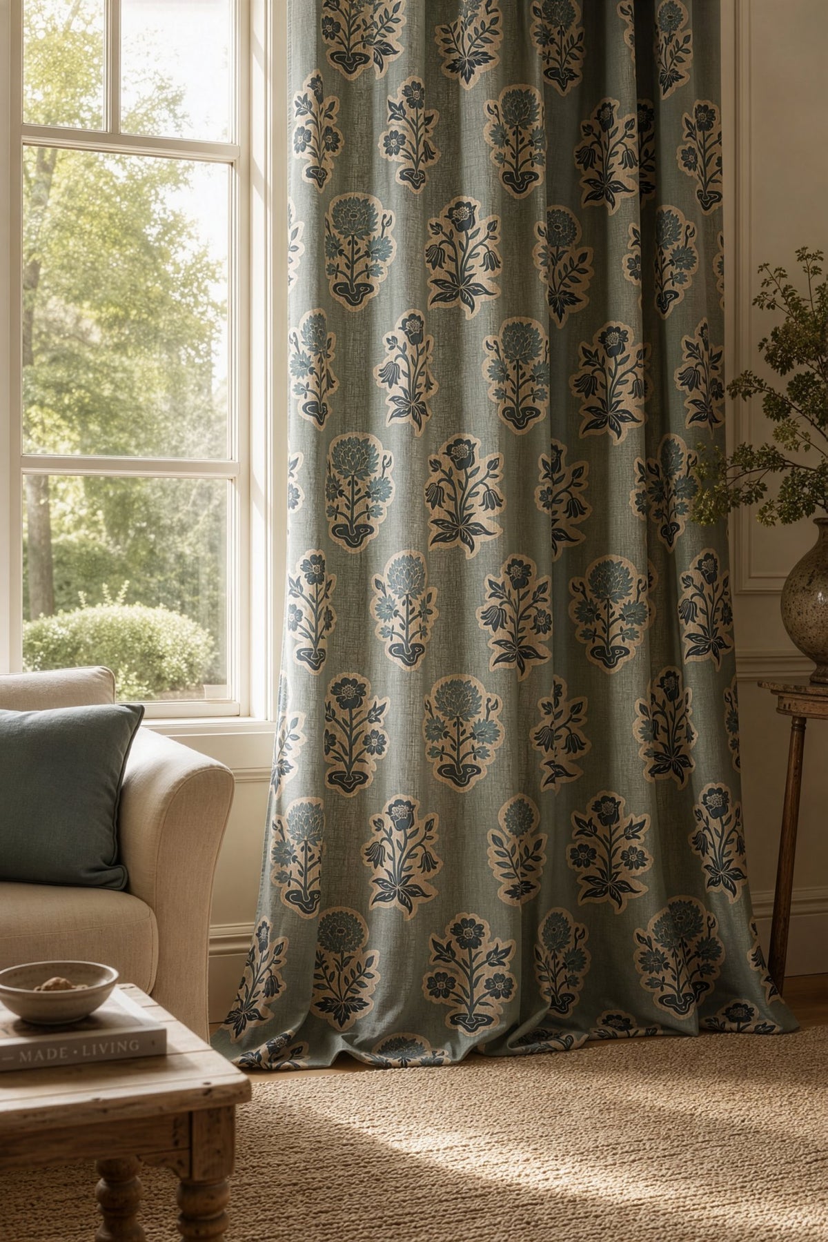 Duck egg blue block print curtain on a black rod by a window