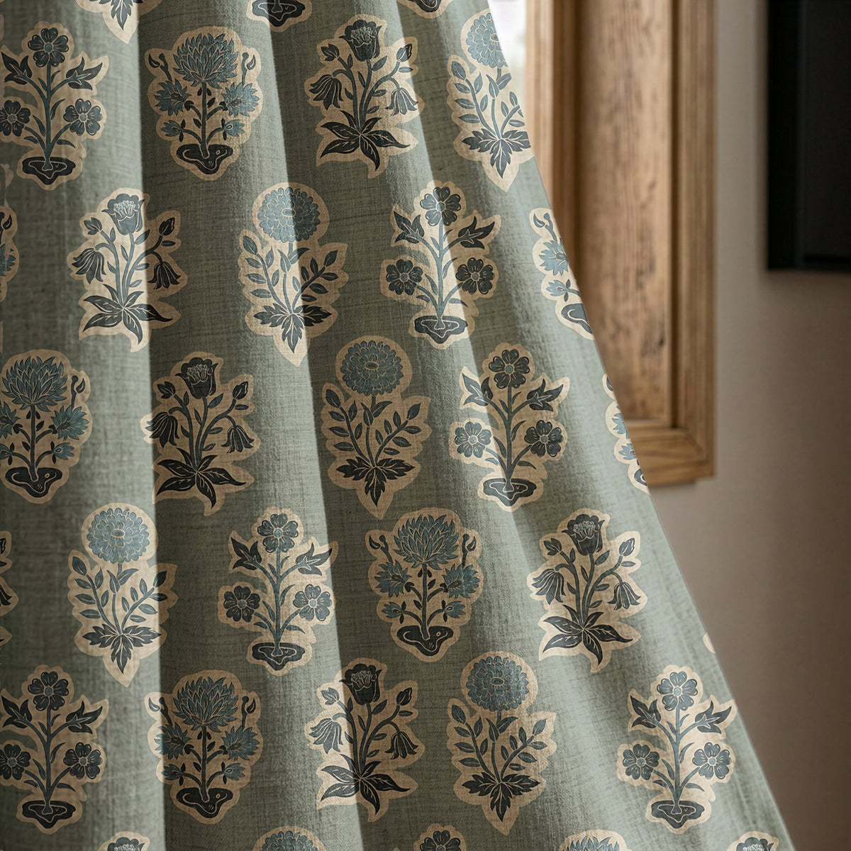 Duck egg blue block print curtain panel beside a rustic wooden window
