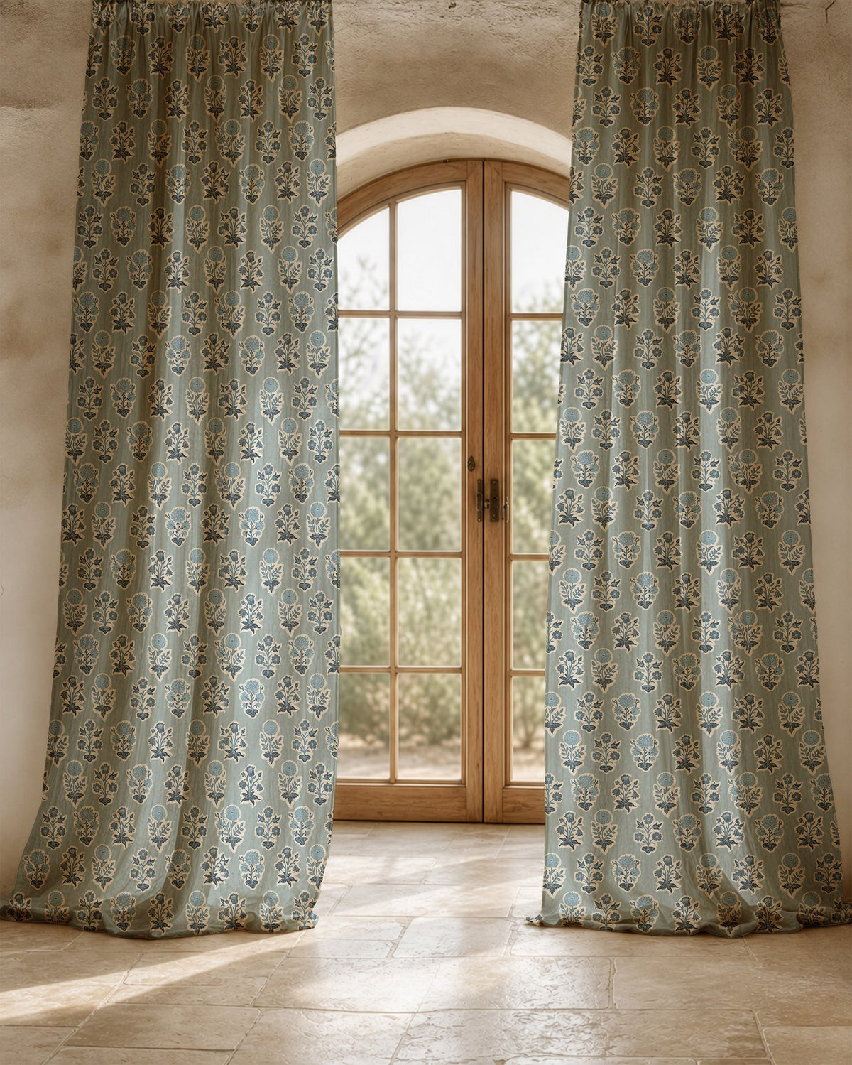 Two long duck egg blue block print curtain panels